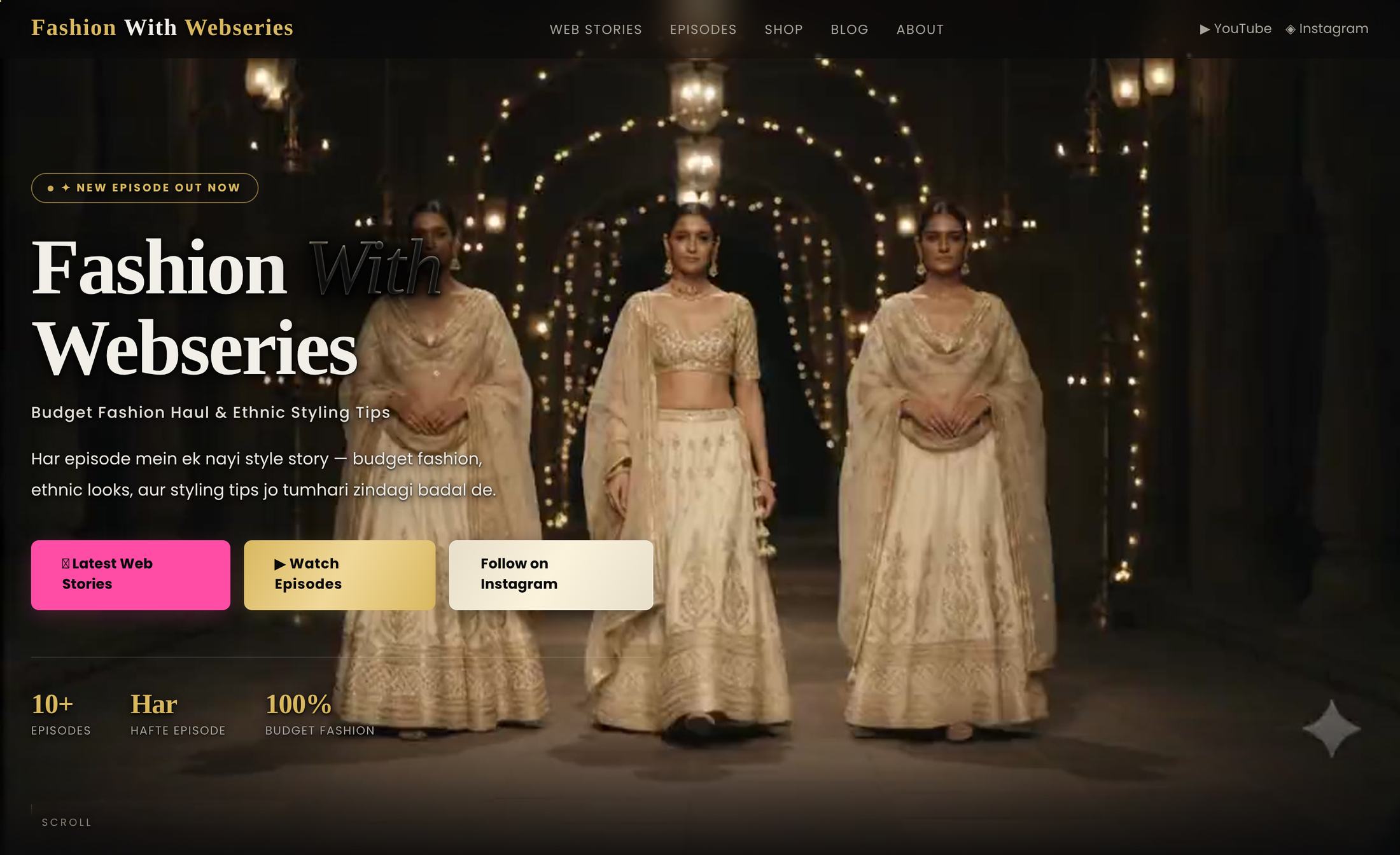 Fashion With Webseries website homepage &mdash; dark editorial theme, video hero